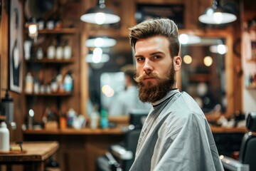 Fototapeta premium Customer sitting in a barber chair waiting to get a haircut from a barber
