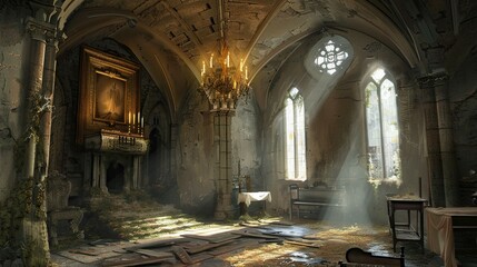 Obraz premium Medieval Journey Interior. AI generated art illustration.