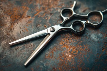 Obraz premium Pair of professional hairdressing scissors lying open on a dark textured surface