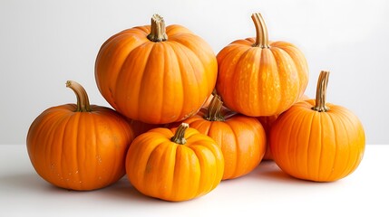 A group of small orange pumpkins arranged in a pile on a white background.