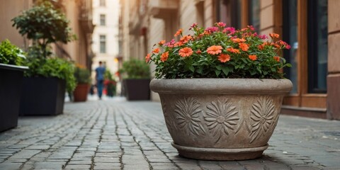 A large decorative flower pot with vibrant orange flowers occupies a prominent space on a quaint cobblestone street