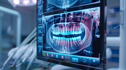 AI-enhanced diagnostic equipment and digital X-ray screen showcase advancements in dentistry, suitable for marketing campaigns.