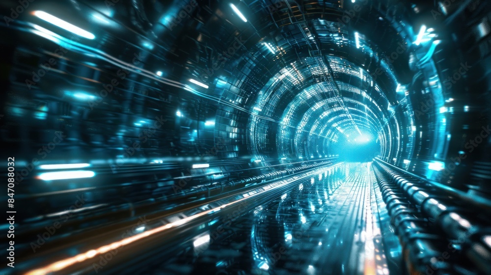 Poster speeding motion blurred in tunnel. powerful of abtract light trails. 3d rendering. ai generated