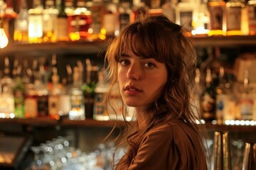 Thoughtful young woman poses at a dimly lit bar, surrounded by bottles