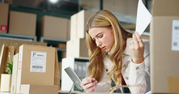 Boxes, business and woman with stress, documents and backlog for shipping, mistake and burnout. Employee, admin and entrepreneur with migraine, paperwork and anxiety with schedule and bankruptcy