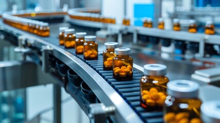 - Pharmaceutical industry production line conveyor carrying glass bottles and ampoules, representing the concept of the pharmaceutical industry.