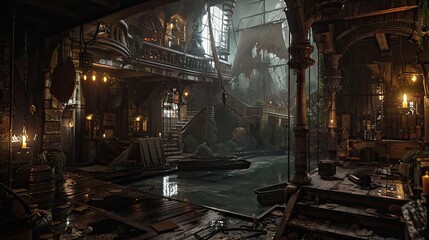 Pirate Ships Interior Reference. AI generated art illustration.