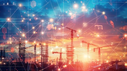 Fototapeta premium Construction Blueprint Graphic, AI in Construction, Evening Construction, AI Created Design, Room for Text