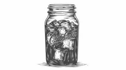 Black and white line art illustration of a cola can and ice cubes