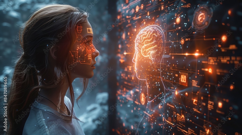Poster a woman gazes intently at a holographic interface displaying a neurological consultation.