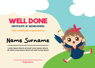 Kids Diploma background template, certificate of appreciation. Certificate of achievement in competition. Children in school, playschool, kindergarten, primary grade, summer camp. Colorful certificate