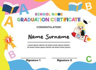 Kids Diploma background template, certificate of appreciation. Certificate of achievement in competition. Children in school, playschool, kindergarten, primary grade, summer camp. Colorful certificate