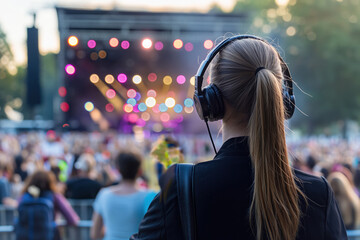 Summer music festival organizer wearing a headset, live concert stage in background with copy space