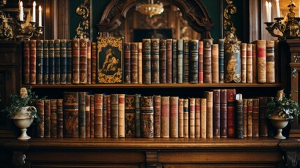 Antique bookcases overflowing with books featuring exquisite gold embellished covers