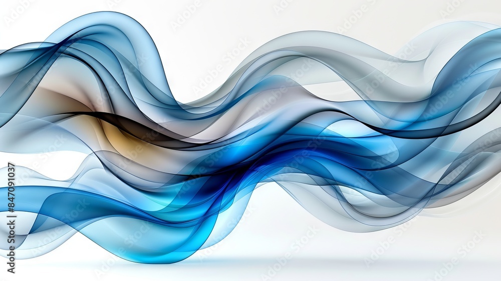 Poster abstract painting with smooth curved lines in blue, red, orange and green shades, creating a dynamic