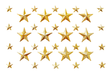 Gold stars of different sizes in 3D. Transparent background