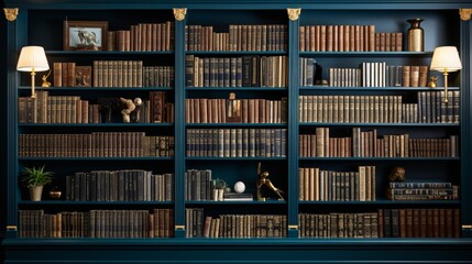 Antique bookshelves adorned with books featuring beautiful gold embellished covers