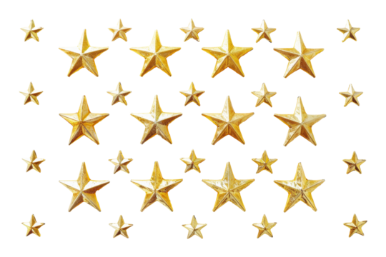 Gold stars of different sizes in 3D. Transparent background