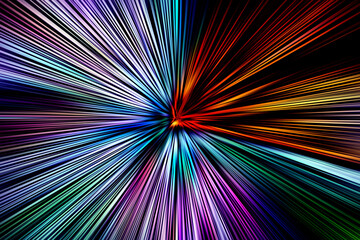 Abstract surface of radial zoom blur in lilac, turquoise and orange tones on black background....