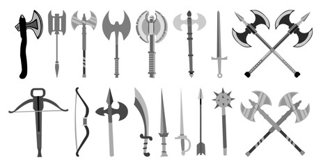 Medieval black axe weapon vector illustration set icon. Isolated black medieval axe icon set.