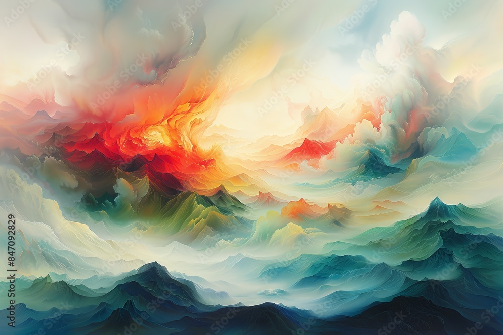Poster abstract painting with smooth curved lines in blue, red, orange and green shades, creating a dynamic