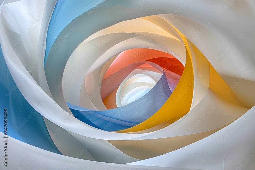 Poster abstract painting with smooth curved lines in blue, red, orange and green shades, creating a dynamic