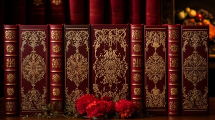 Vintage leather bound books with elaborate golden decorations captured in a nostalgic photograph