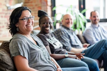 Portrait of smiling businesswoman with colleagues in the background at office