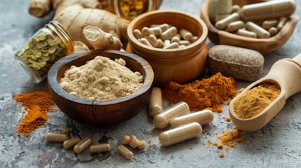 A close-up image of various herbal supplements, spices, and powders, showcasing their natural ingredients and potential health benefits.