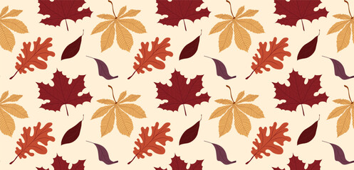 Seamless pattern in flat style with autumn leaves in red, brown, and yellow tones on a beige background. Perfect for seasonal designs and fall-themed projects