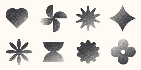 A collection of eight geometric shapes created with a stipple effect. Shapes include a heart, pinwheel, star, diamond, flower, semicircle, splat, and clover on a beige background