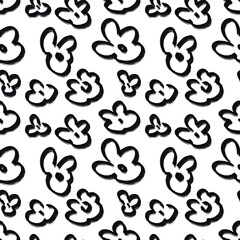 Seamless abstract botanical pattern. Background with black,  white texture. Digital brush strokes. Flowers. Illustration. Design for textile fabrics, wrapping paper, background, wallpaper, cover.