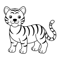 Tiger Vector Illustration Line Art - Tiger  Line Art Silhouette, Animal Coloring Book Page For Kids. Tiger Black And White Vector Illustration Line Art For Kids Coloring Book.
