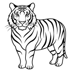 Tiger Vector Illustration Line Art - Tiger  Line Art Silhouette, Animal Coloring Book Page For Kids. Tiger Black And White Vector Illustration Line Art For Kids Coloring Book.
