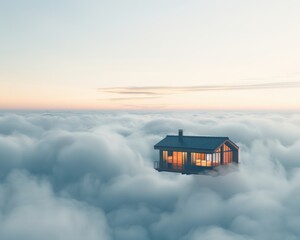 Surreal image of a cozy house floating above the clouds at sunset, creating a dreamy and magical atmosphere.