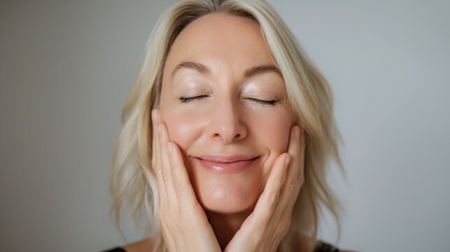 Georgeous cheerful middle aged mature woman with hands on her face enjoying perfect skincare and skin as self love and care concept