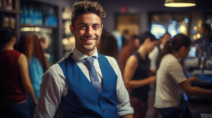 Obraz premium generated illustration portrait of a young male cashier in uniform working in a shop