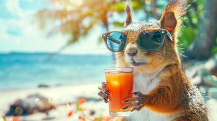 A cute squirrel wearing sunglasses and holding an ice cold drink on the beach