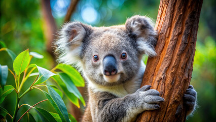 Fototapeta premium A curious koala peeks out from behind a tree. Digital art is ideal for environmental campaigns, ecotourism promotions and other projects about the unique nature of Australia. 