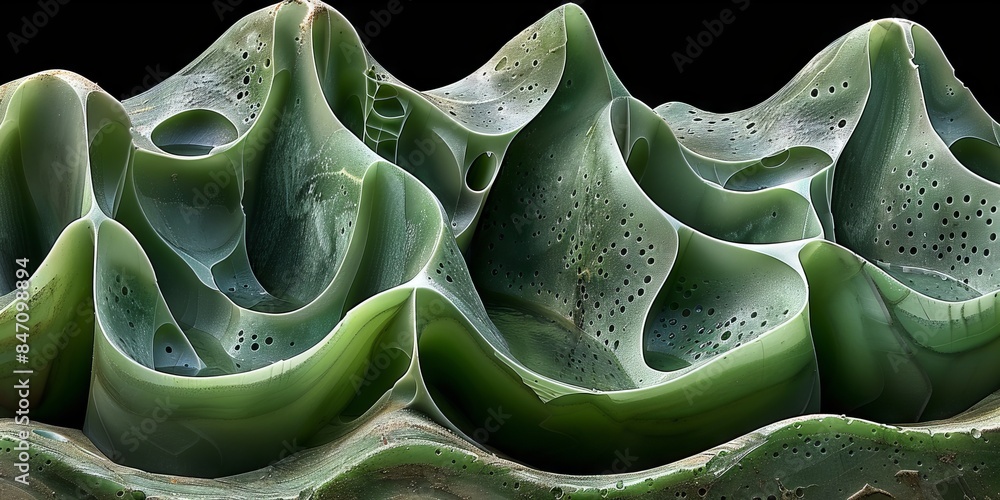 Poster textured surface with wavy green shapes covered in moss to create a natural and organic pattern.