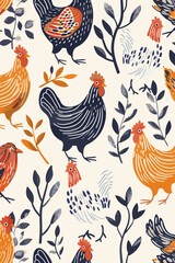 Seamless Scandinavian Farm Pattern with Chickens and Hens