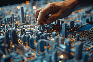 A hand interacts with a miniature model of a city lit up at night