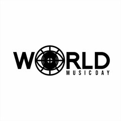 World Music Day in June. World Music Day text design with illustration of a vinyl record symbol combined with a globe.
