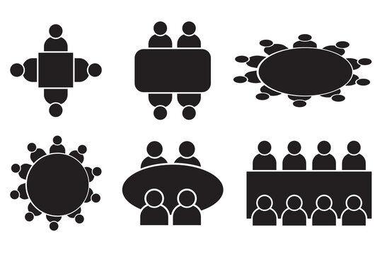 Table Seating Arrangement Icons, vector, for an Event.  Business people silhouettes, vector. Chair around the table icon, symbol. Office meeting icon, silhouette, vector. Vector illustration
