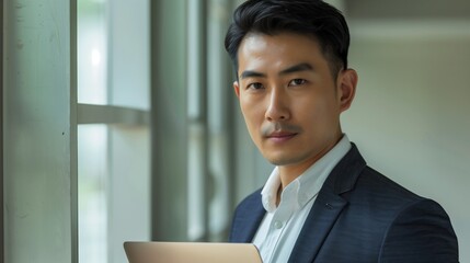 Confident Asian Male Business Executive in Business Suit Holding Laptop