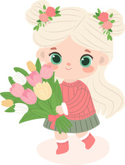 Cute girl in a dress holding a bouquet of tulips, isolated on a white background. Vector flat illustration for Mother's Day or birthday greeting card.