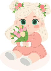 Cute girl sitting with a bouquet of tulips, isolated on a white background. Vector flat illustration for Mother's Day or birthday greeting card.