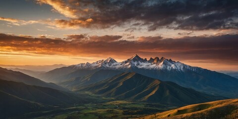 Obraz premium A dramatic sunset casting golden light over a majestic mountain range with dynamic clouds in the sky