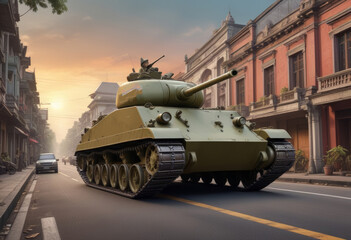 Obraz premium A high-resolution AI-generated photograph of a vintage military tank, showcasing its historical design and rugged details. Ideal for use in historical documentaries, educational materials, and vintage
