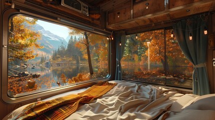 Interior view from a camper van of outside beautiful view of Autumn wilderness